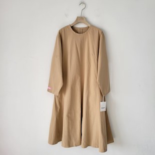 纯棉日单春秋季文艺女装新款显瘦纯色a字裙女生长款过膝女连衣裙