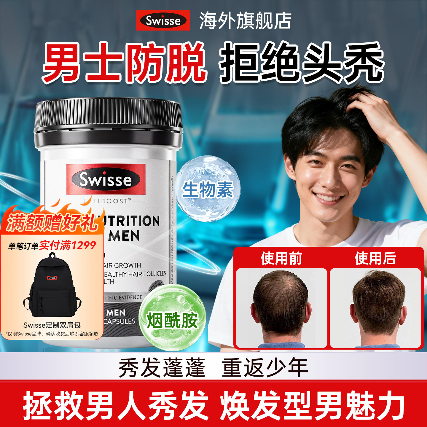 Swisse生物素防脱发男士头发营养胶囊b7维生素增发生发内养密发