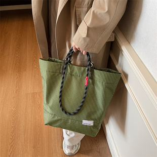 日系攀岩绳格纹托特包女大容量轻便单肩手提包户外防水尼龙通勤包