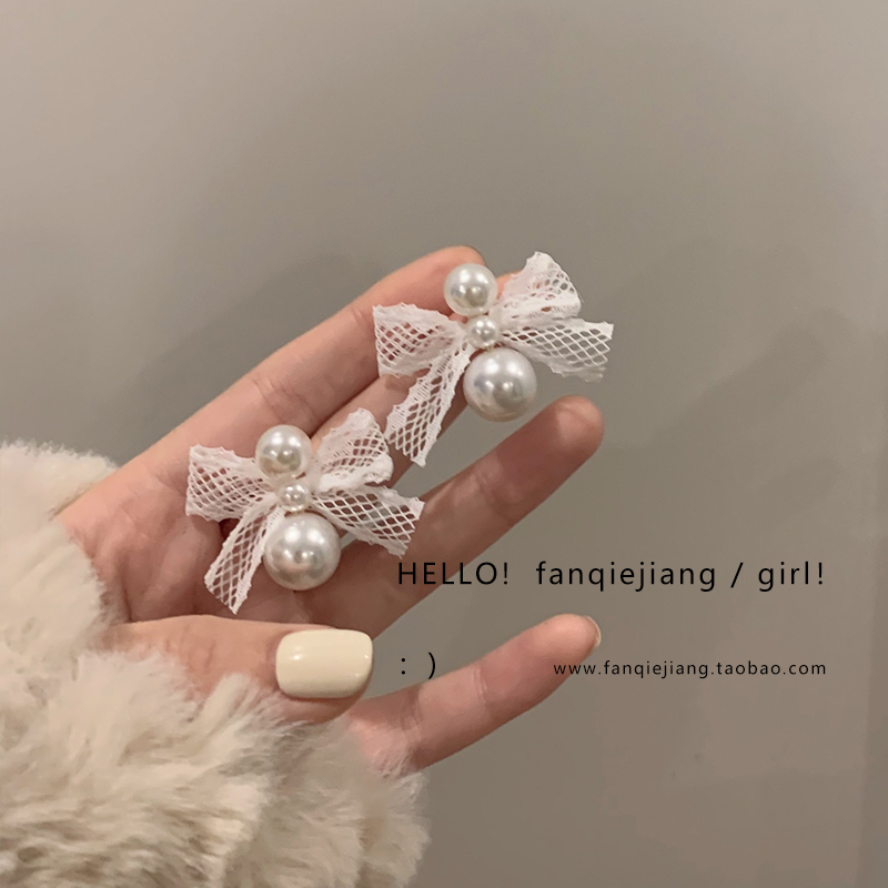 法式超仙蕾丝蝴蝶结耳环耳钉银针
