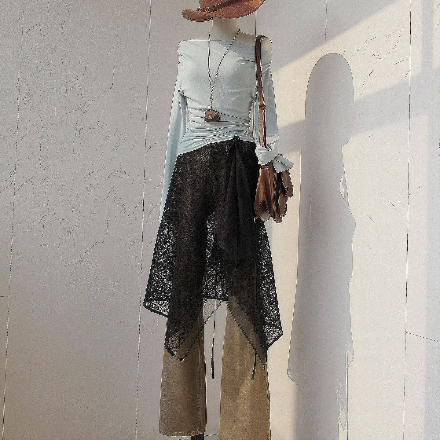 原创设计系带罩裙不规则刺绣网纱裙蕾丝屁帘裙帘围裙叠穿多穿长款