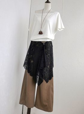 原创一片式系带蕾丝黑色不规则屁帘半身裙裙帘外搭腰封裙叠穿