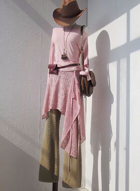 原创绿色黑色蕾丝不规则一片式系带屁帘裙帘中长款叠穿多种穿法