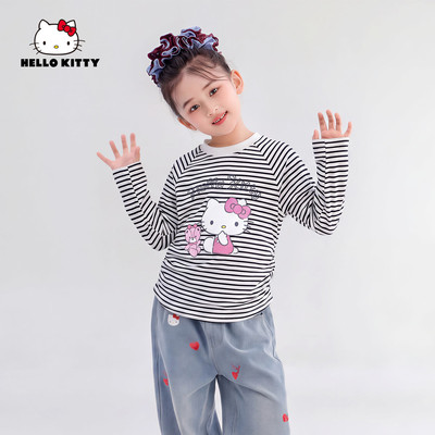 HelloKitty凯蒂猫女童秋季长袖T恤2026新款洋气黑白条纹宽松上衣
