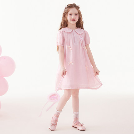 HelloKitty女童夏季连衣裙2025新款凯蒂猫娃娃领蝴蝶结中大童裙子