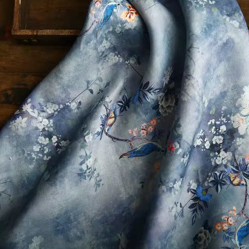纯苎麻高支旗袍汉服印花植物花卉连衣裙布料中式国风蓝色服装面料