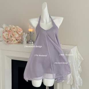 Nicelaisiii浪漫出逃 纯欲风露背吊带睡裙性感睡衣女 甜美挂脖法式