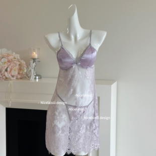 Nicelaisiii轻扯 透明约会睡衣女 气质蕾丝拼接吊带睡裙高级感法式