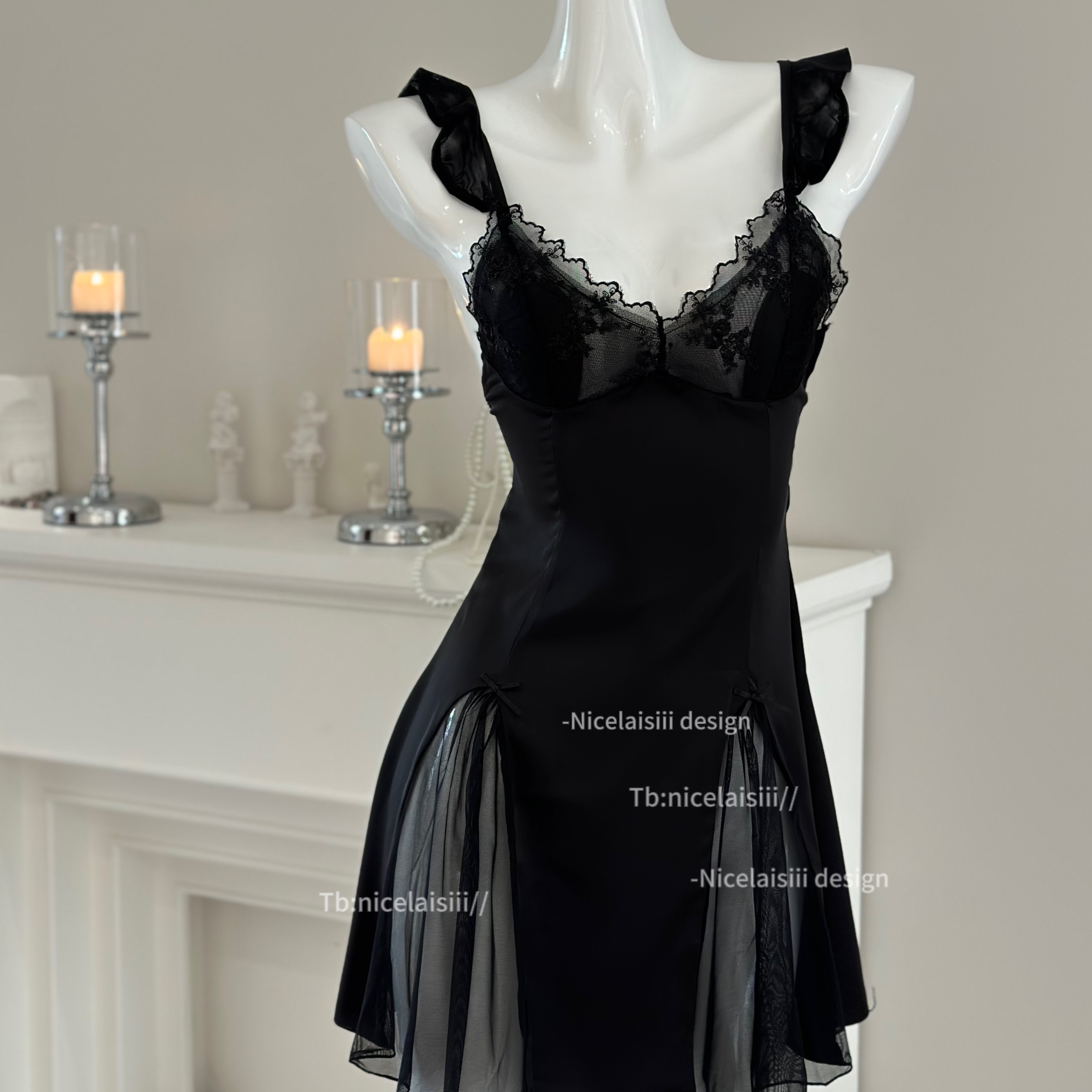 缎面蕾丝小胸友好辣妹睡裙带胸垫