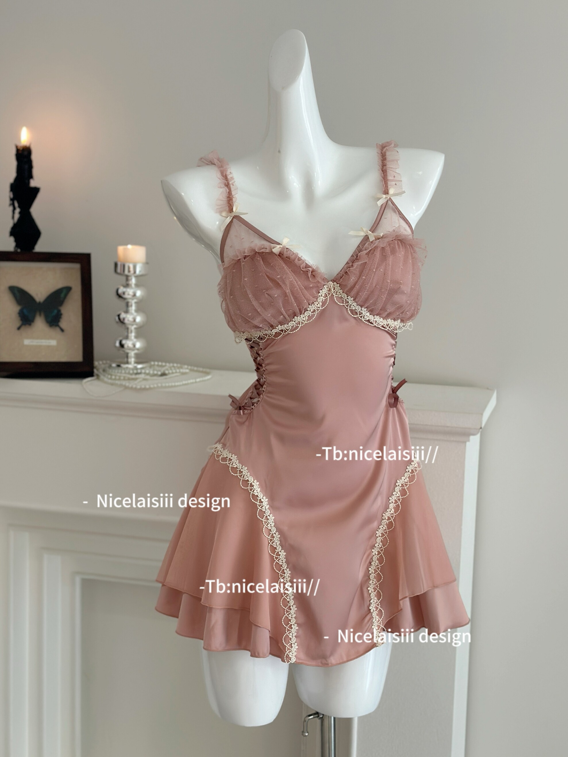 NICELAISIII 녹턴 레이스 유방 패드가있는 프랑스 잠옷 순수한 욕망 섹시한 새틴 슬림 홈 의류 잠옷