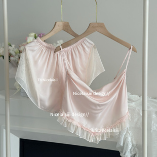 丝绸睡衣 性感蕾丝吊带短裤 Nicelaisiii 纯欲冰丝带胸垫家居服套装
