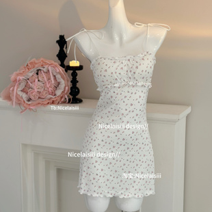 辣妹性感睡衣 甜美修身 Nicelaisiii花颜 纯欲风碎花睡裙带胸垫法式