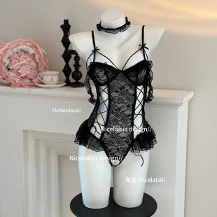 Nicelaisiii吉普赛女郎 绑带性感连体衣网纱蕾丝吊带纯欲约会睡衣