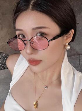 欧美小脸高级感粉色椭圆网红墨镜