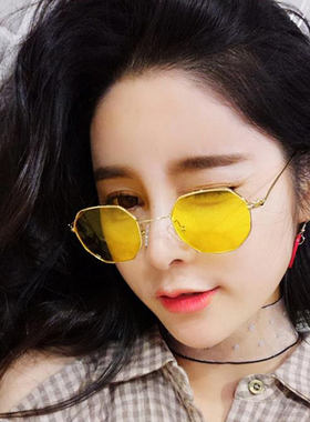 韩版潮复古方形多边形小框太阳镜彩色透明黄色海洋片墨镜小脸眼镜