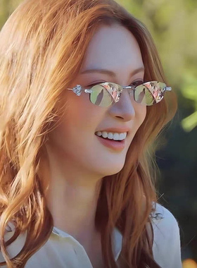 老钱风水银色镶钻无框茶色太阳镜