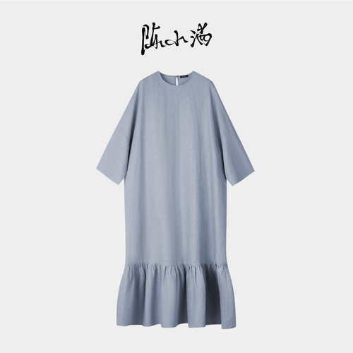 纯亚麻拼接荷叶裙摆连衣裙