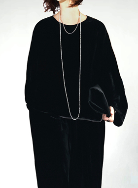 陈小满原创设计黑色真丝丝绒套装宽松套头圆领落肩长袖上衣裤子