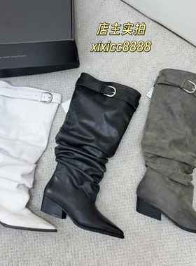 韩女堆堆靴2026新款白色尖头牛皮高跟长靴negativethree nt3靴子
