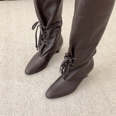 2025秋冬新款韩国londonflat长靴皱褶堆堆靴软牛皮小矮跟高筒靴女