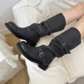 张元 nt3复古西部牛仔靴negativethree堆堆靴麂皮靴骑士靴女 英同款