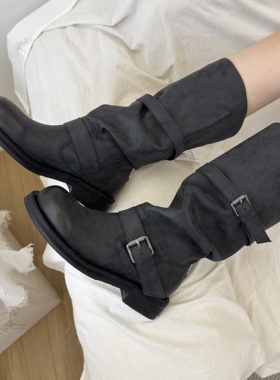 张元英同款nt3复古西部牛仔靴negativethree堆堆靴麂皮靴骑士靴女