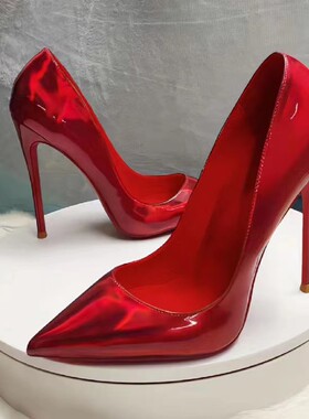 2023欧美新款尖头浅口细跟12CM高跟电光红红色大底时尚T台女单鞋