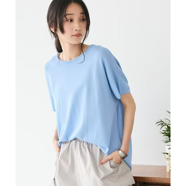 日单夏季凉感简约休闲风圆领短袖T恤女宽松百搭针织衫蓝色上衣女