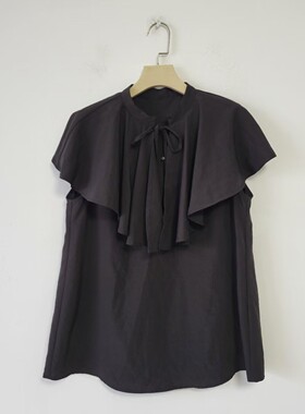 日单夏季温柔通勤风荷叶边领系带衬衫女黑色显瘦百搭短袖上衣