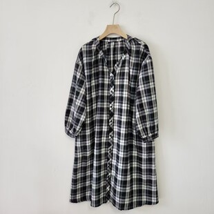 纯棉日单春秋季通勤风黑白格子衬衫裙女长袖宽松中长款显瘦连衣裙