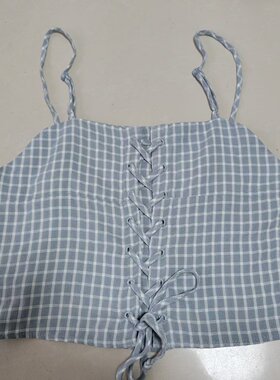 日单夏季复古风格子系带吊带背心女夏清新减龄棉拉链显瘦美背外穿