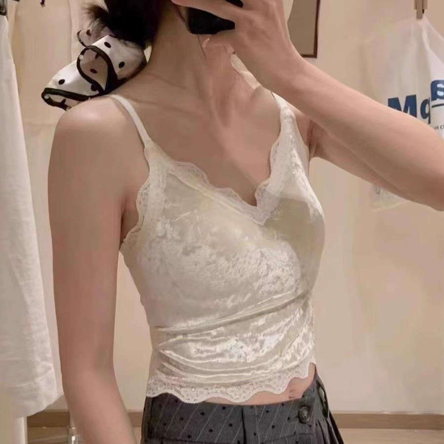 纯欲水晶丝绒~蕾丝花边自带胸垫背心吊带固定杯内衣性感美背打底