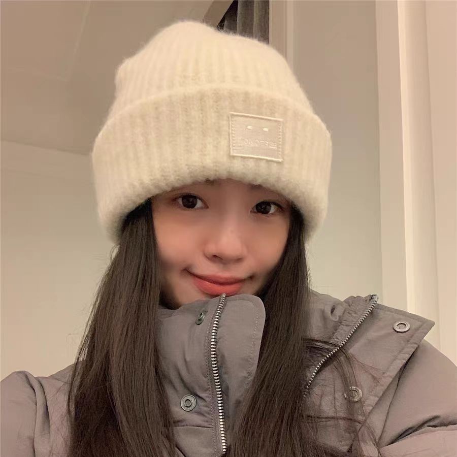 秋冬季毛线帽女宽松笑脸图百搭冷帽子保暖加厚新款护耳针织帽