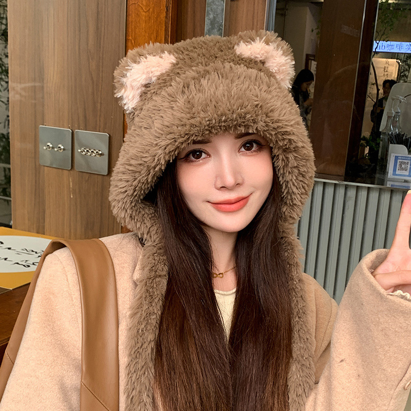 外贸冬季可爱加厚熊耳朵毛绒帽子保暖护耳大头围显脸小卡通套头帽