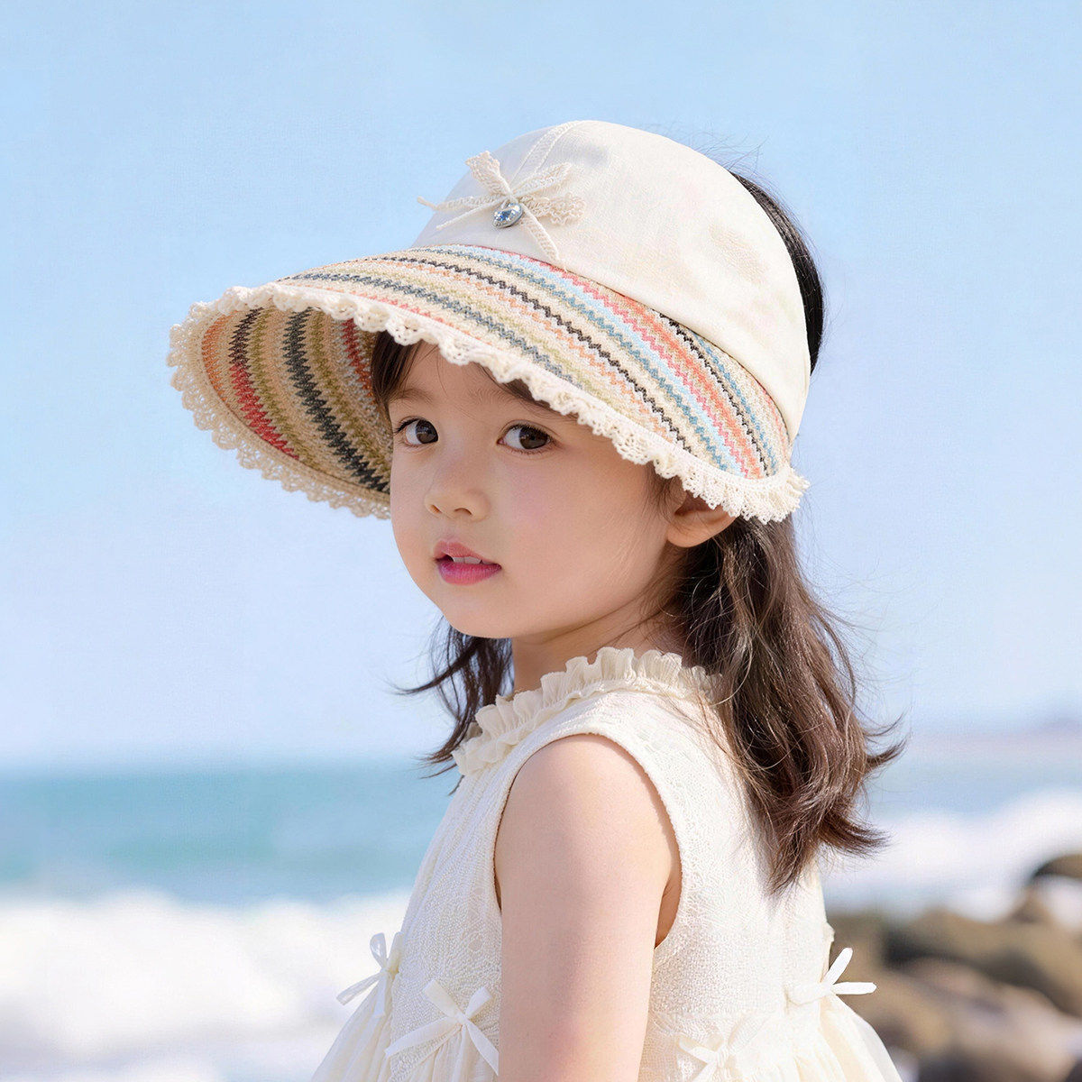 韩版儿童遮阳帽子夏季大帽檐草编太阳帽女宝宝可扎马尾防嗮空顶帽