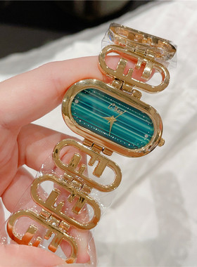 中古复古轻奢气质手表高级感小众金色孔雀石面椭圆女表送礼 A254