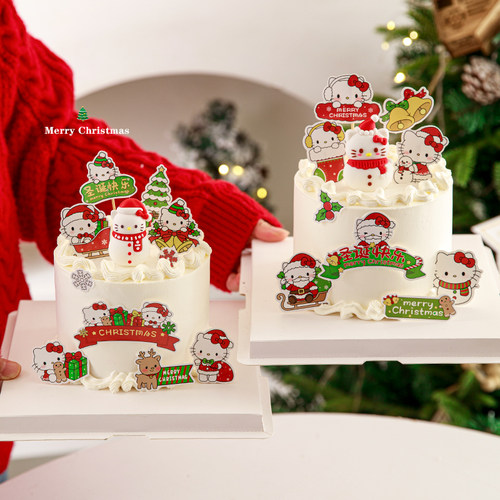 圣诞节蛋糕装饰软胶KT猫摆件圣诞树铃铛MerryChristmas插牌插件