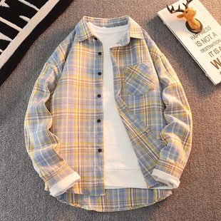 痞帅潮流日系复古格子大码 长袖 2025春秋新款 男款 翻领衬衣外套 衬衫