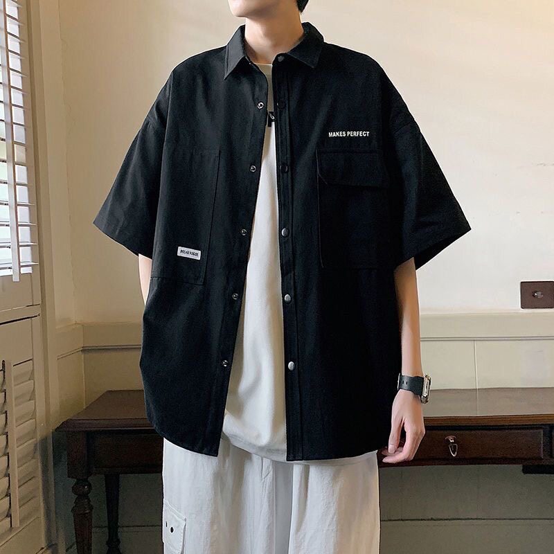 工装短袖衬衫男士夏季新款痞帅多口袋夏天军绿色耐脏耐磨衬衣外套