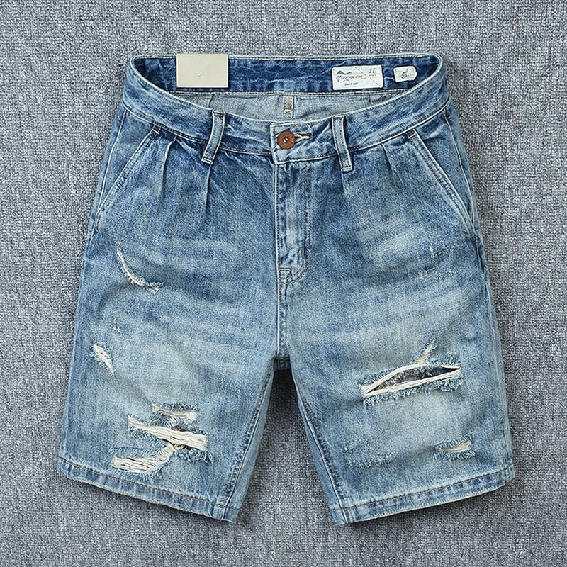 复古破洞牛仔短裤男夏季薄款刮烂水洗潮流中裤做旧潮牌百搭五分裤