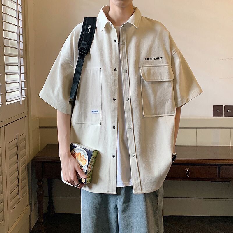工装短袖衬衫男士夏季薄款潮牌防晒衬衣男生夏天休闲宽松寸衫外套