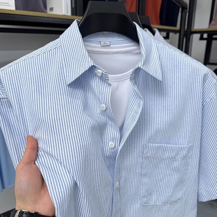 夏季 外套衬衫 高棉新款 休闲宽松时尚 潮流条纹男士 衬衣百搭薄款 短袖