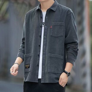 薄外套男士 衬衫 春秋季 长袖 复古多口袋休闲上衣 新款 大码 灯芯绒工装
