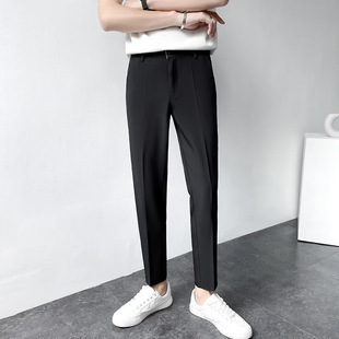 薄款 冰丝小脚休闲裤 纯色锥形九分西裤 英伦免烫修身 子 男士 2021夏季