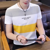 拼色圆领青少年修身 t恤男短袖 条纹潮流冰丝上衣2022夏天时尚