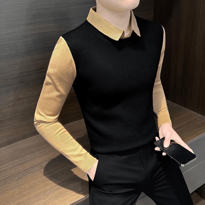 假两件+修身+拼色+翻领+春秋毛衣