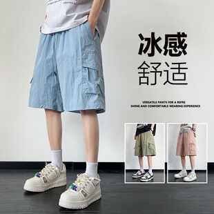 夏季 薄款 美式 男士 宽松运动青少年中裤 短裤 高街休闲五分裤 冰丝工装