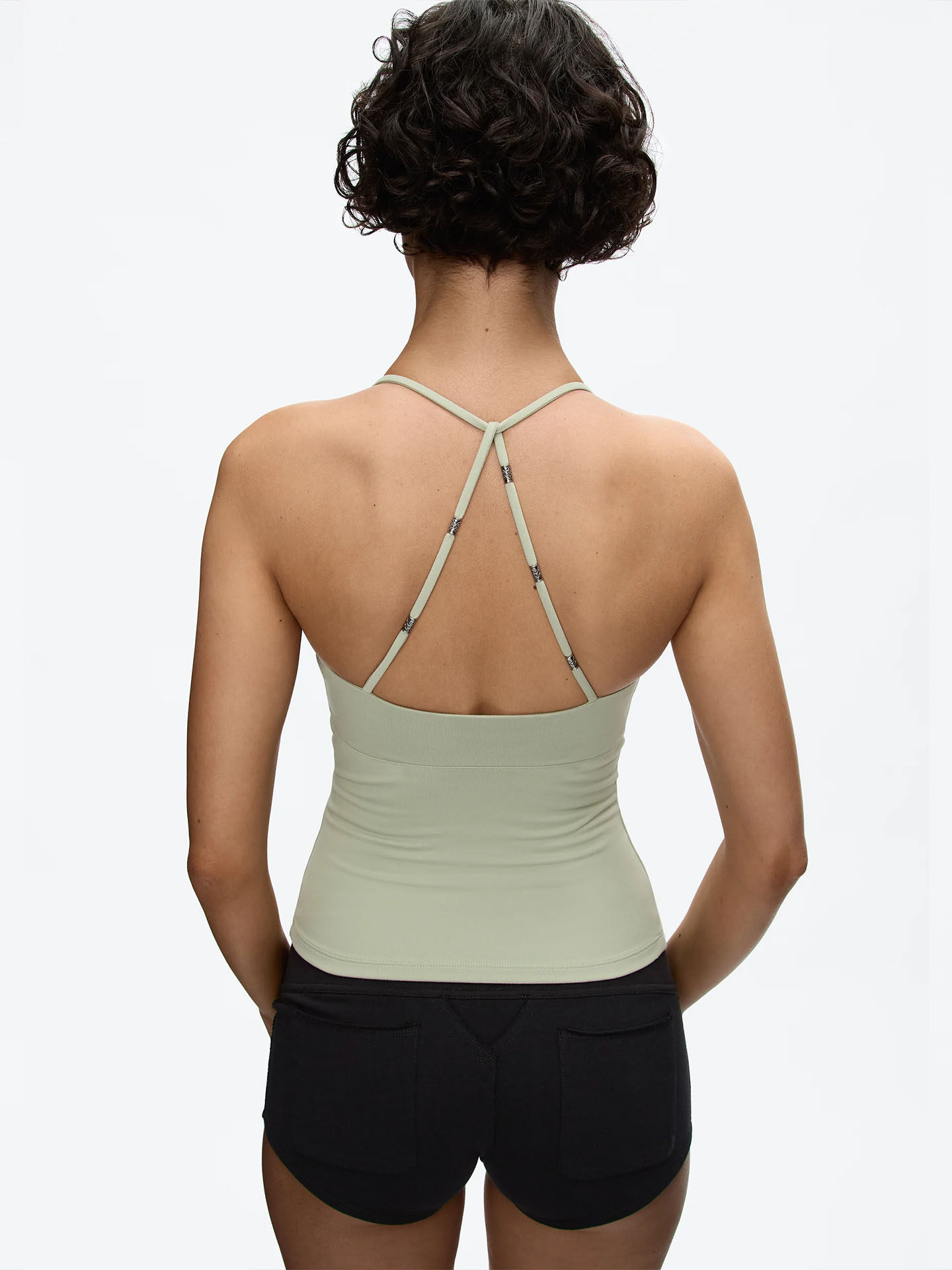 Tank Air 26 New Summer Style Celadon Green Cross-Back Halter Top with a Tailored Waist and Spaghetti Straps