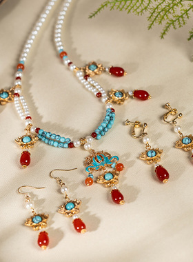 汉服配饰项链耳环套装复古宫廷烧蓝吊坠明制唐风双层璎珞