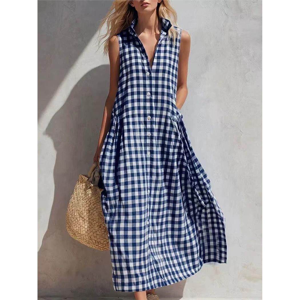 Sleeveless plaid dress26欧美夏季新款女宽松舒适无袖格纹连衣裙